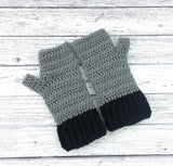 Grey Crochet Hand Warmers with Black Cuffs. VelvetVolcano Custom Colour Duotone Fingerless Gloves