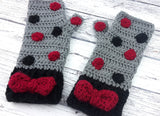 Slate Grey crochet hand warmers with Burgundy and Black polka dot pattern, Black cuffs and a Burgundy bow in the centre of the cuff. Polka Dot Bow Fingerless Gloves (Custom Colour) by VelvetVolcano