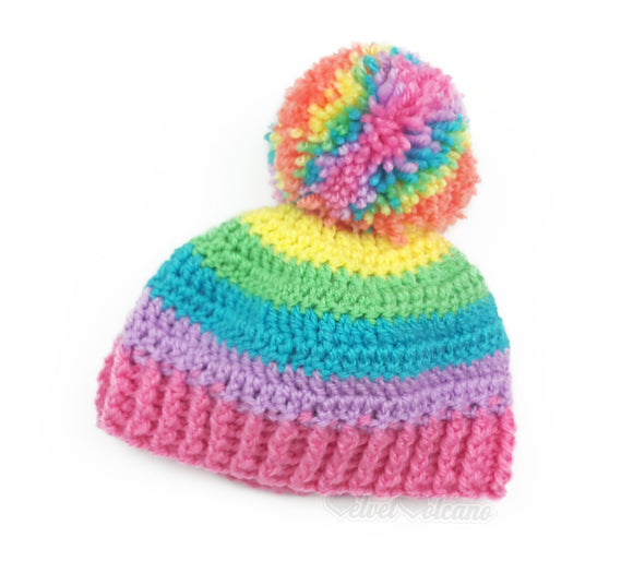Pastel Rainbow Striped Pom Pom Beanie - Cute Candy Coloured Bobble Hat - Kawaii Baby Hat - Rainbow Kids Beanie - in sizes 3-6 Months - Teen / Small Adult by VelvetVolcano