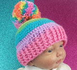 Pastel Rainbow Striped Pom Pom Beanie - Cute Candy Coloured Bobble Hat - Kawaii Baby Hat - Rainbow Kids Beanie - in sizes 3-6 Months - Teen / Small Adult by VelvetVolcano