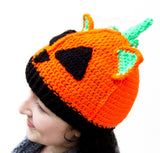 Orange, Black and Neon Green Crochet Jack O' Lantern Cat Ear Halloween Inspired Hat. Pumpkin Kitty Beanie by VelvetVolcano