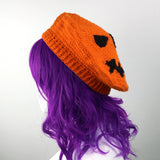 Pumpkin Beret (Custom Colour) - Orange & Black Halloween Inspired Crochet Carved Jack O'Lantern Hat by VelvetVolcano