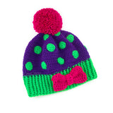 Purple, Neon Green & Hot Pink Polka Dot Beanie with Pom Pom and Bow Detail - Kawaii Crochet Bobble Hat by VelvetVolcano