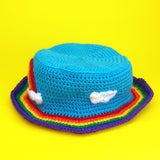 Rainbow Cloud Bucket Hat - Colourful Cloudy Sky & Rainbow Stripe Unisex Teen & Adult Crochet Sun Hat by VelvetVolcano