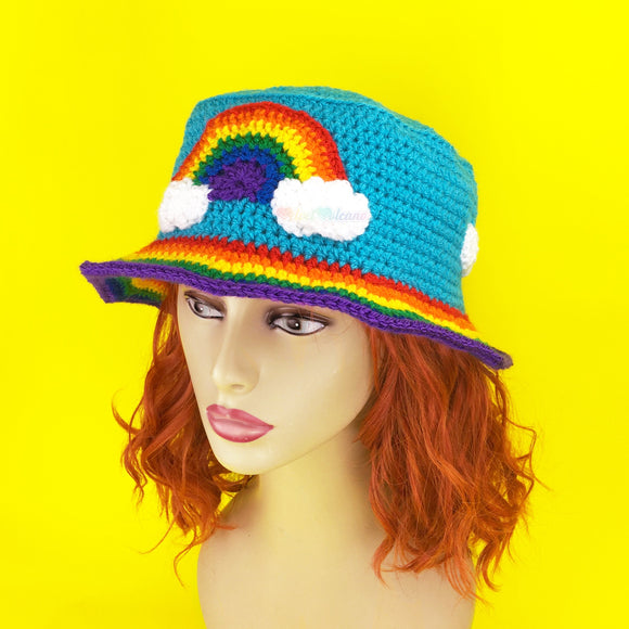 Rainbow Cloud Bucket Hat - Colourful Cloudy Sky & Rainbow Stripe Unisex Teen & Adult Crochet Sun Hat by VelvetVolcano