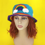 Rainbow Cloud Bucket Hat - Colourful Cloudy Sky & Rainbow Stripe Unisex Teen & Adult Crochet Sun Hat by VelvetVolcano