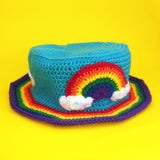 Rainbow Cloud Bucket Hat - Colourful Cloudy Sky & Rainbow Stripe Unisex Teen & Adult Crochet Sun Hat by VelvetVolcano