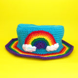 Rainbow Cloud Bucket Hat - Colourful Cloudy Sky & Rainbow Stripe Unisex Teen & Adult Crochet Sun Hat by VelvetVolcano