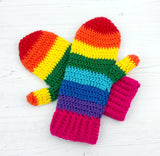 Rainbow striped crochet hand warmers. Bright Rainbow Mittens by VelvetVolcano