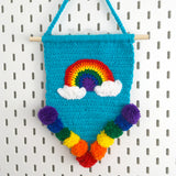 Rainbow Cloud Pennant Wall Hanging - Colourful Turquoise & ROYGBIV Pom Pom Home Decor by VelvetVolcano