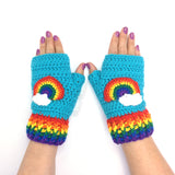 Chunky Turquoise Crochet Fingerless Gloves with Rainbow & Cloud Pattern and Rainbow Stripe Rib by VelvetVolcano