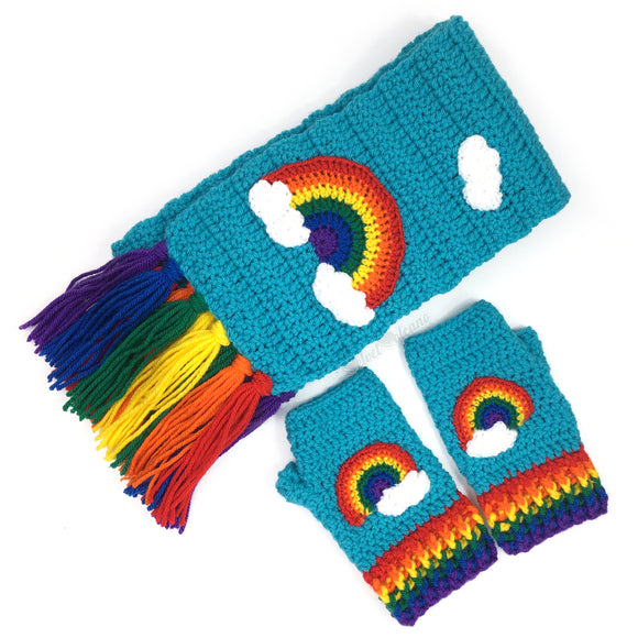 Turquoise & Bright Rainbow Cloud Chunky Scarf & Fingerless Gloves Set by VelvetVolcano