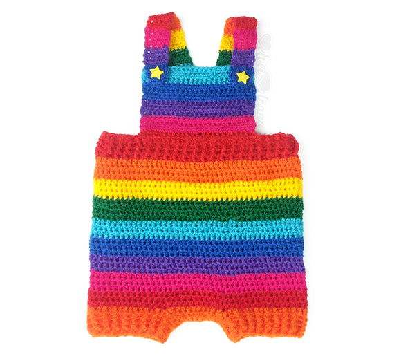 Brightly Coloured Rainbow Striped Crochet Baby Dungarees with Yellow Star Button Fastenings made from Acrylic Yarn in Red, Orange, Yellow, Green, Turquoise, Royal Blue, Purple and Pink.