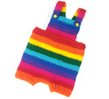 Brightly Coloured Rainbow Striped Crochet Baby Dungarees with Yellow Star Button Fastenings made from Acrylic Yarn in Red, Orange, Yellow, Green, Turquoise, Royal Blue, Purple and Pink.