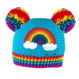 Turquoise Crochet Beanie with Rainbow Cloud Design, Rainbow Striped Rib and Double Rainbow Pom Pom 'Ears' by VelvetVolcano