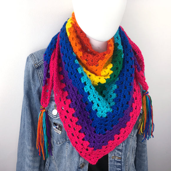 Retro inspired rainbow striped triangular granny stitch wrap scarf with tassels. Bright Rainbow Shawl Scarf by VelvetVolcano