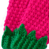 Hot Pink crochet mittens in a bobble stitch with green cuffs and leaf details. Raspberry Mittens by VelvetVolcano