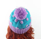 Turquoise and Lilac spotted crochet bobble hat. Super Slouchy Polka Dot Pom Pom Beanie (Custom Colour) by VelvetVolcano