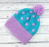 Turquoise and Lilac spotted crochet bobble hat. Super Slouchy Polka Dot Pom Pom Beanie (Custom Colour) by VelvetVolcano