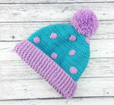 Turquoise and Lilac spotted crochet bobble hat. Super Slouchy Polka Dot Pom Pom Beanie (Custom Colour) by VelvetVolcano