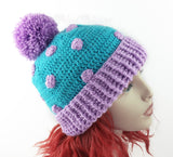 Turquoise and Lilac spotted crochet bobble hat. Super Slouchy Polka Dot Pom Pom Beanie (Custom Colour) by VelvetVolcano