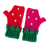 Red, Hot Pink and Green Strawberry Fingerless Gloves with Rhinestone Seeds and Leaf Detail on the cuffs. Strawberry Fingerless Gloves (Custom Colour) by VelvetVolcano