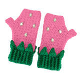Bubblegum Pink and Green Strawberry Fingerless Gloves with Rhinestone Seeds and Leaf Detail on the cuffs. Strawberry Fingerless Gloves (Custom Colour) by VelvetVolcano