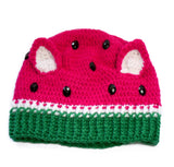 Hot pink, white and emerald green melon themed cat ear hat with black rhinestone seeds. Watermelon Kitty Beanie (Custom Colour) by VelvetVolcano
