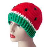 Rose Red, White and Emerald Green crochet watermelon themed hat with black rhinestone seeds. Watermelon Beanie (Custom Colour) by VelvetVolcano