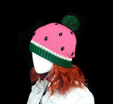 Bubblegum Pink, White and Pastel Green fruit / melon themed bobble hat with black rhinestone seeds. Watermelon Pom Pom Beanie (Custom Colour) by VelvetVolcano
