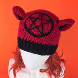 Burgundy & Black Crochet Witchy Kitty Beanie with Cat Ears and Pentagram Motif by VelvetVolcano